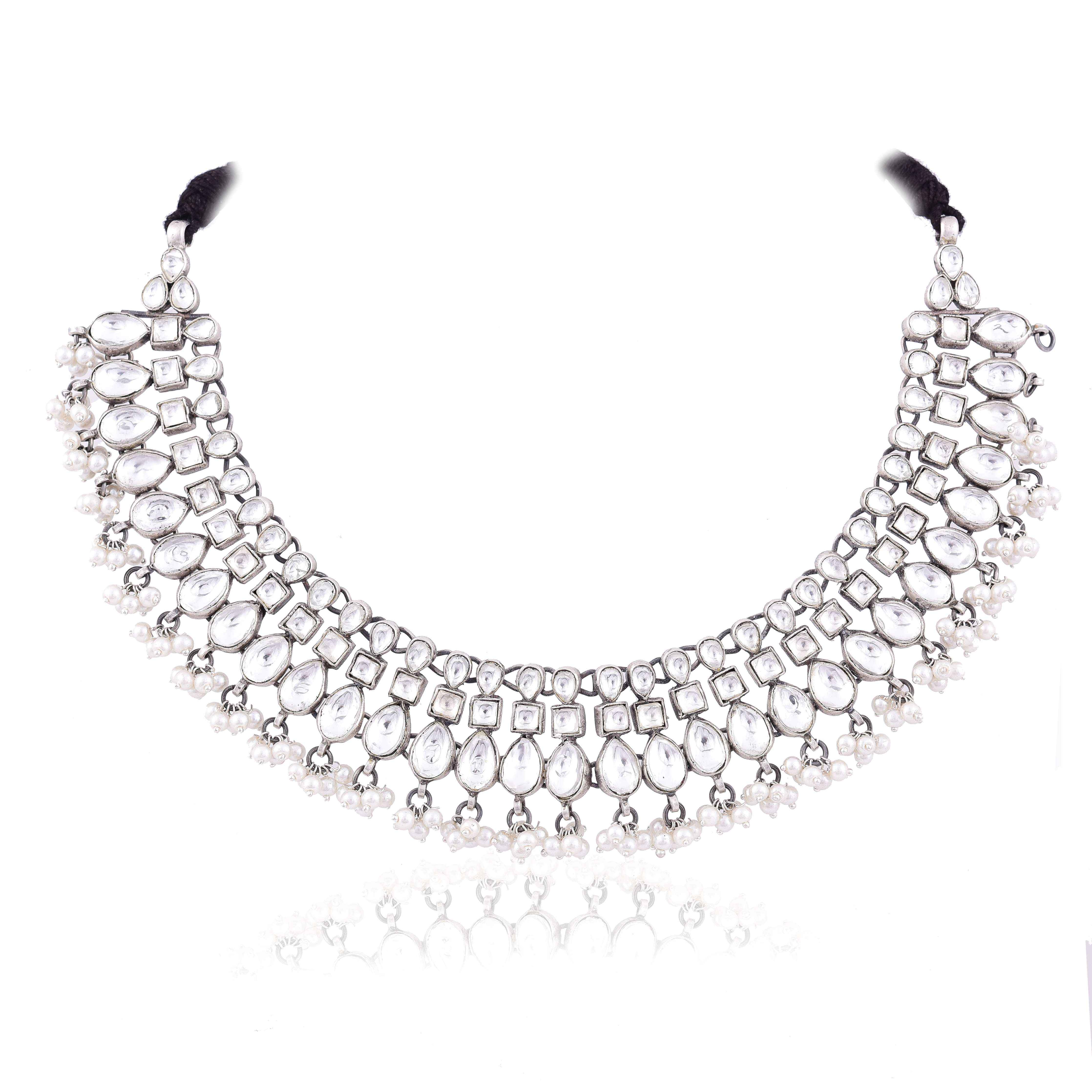 Silver antique Kundan necklace with pearl drops :SKU5788